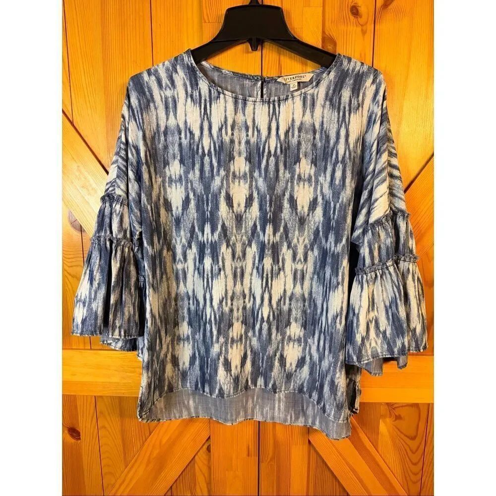 Liverpool Blue White 3/4 Bell Sleeve Pullover Boho Blouse Size Medium (6688)